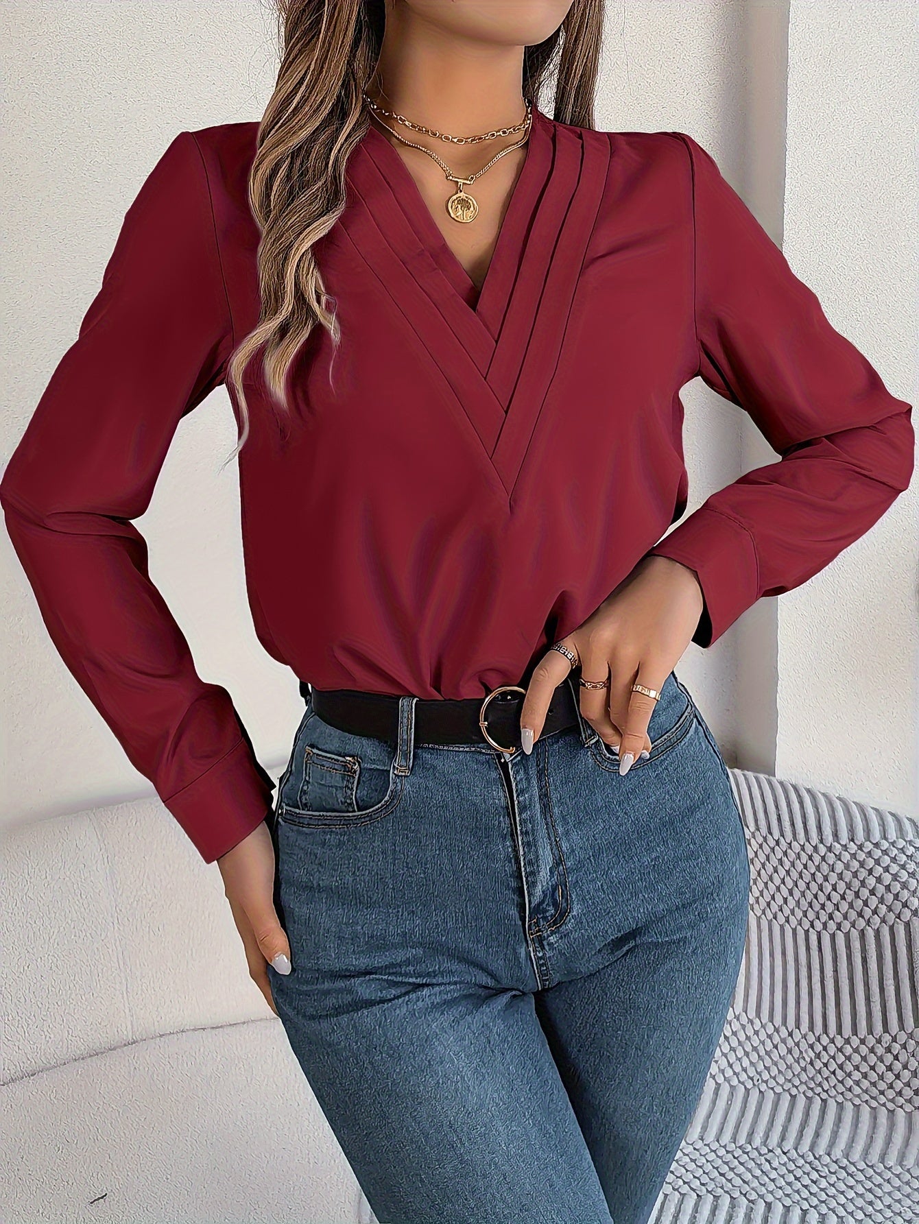 Women'S Elegant V-Neck Long Sleeve Shirt, Solid Color Polyester Blouse with Triple V-Cut, 95% Polyester 5% Elastane, Woven Fabric, 120g/m², for Spring/Summer/Fall - Adult