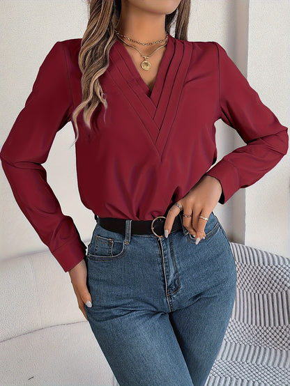 Women'S Elegant V-Neck Long Sleeve Shirt, Solid Color Polyester Blouse with Triple V-Cut, 95% Polyester 5% Elastane, Woven Fabric, 120g/m², for Spring/Summer/Fall - Adult