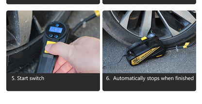 Inflador de pneus digital CaRSun, bomba de ar portátil com luz LED para automóveis, motos e bicicletas - DC 12V, 150 PSI, design preto e amarelo, alimentação por ficha, sem necessidade de bateria, insuflador de pneus de bicicleta | Porta elegante