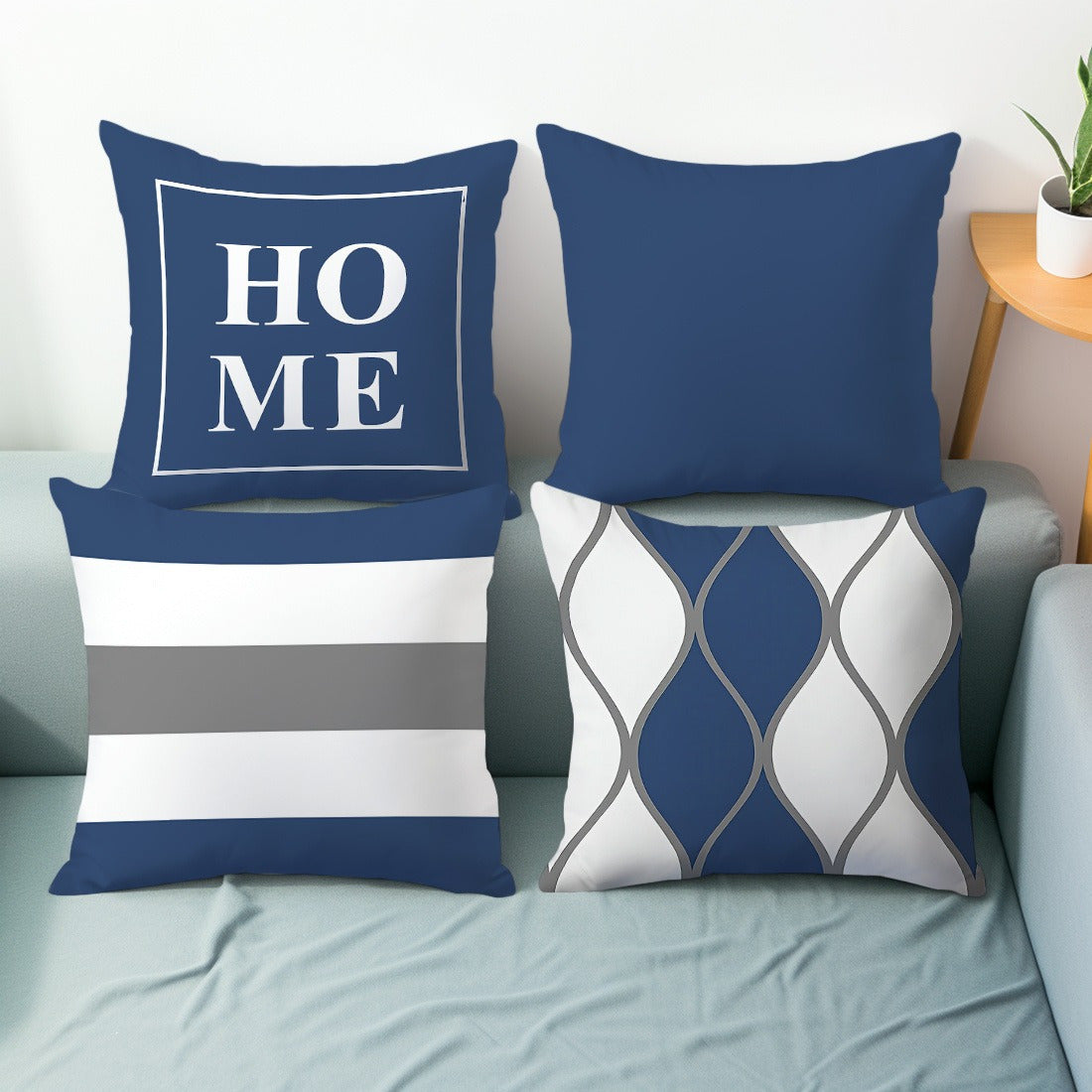 4pcs Navy Blue & White Geometric Throw Pillow Set - Modern Contemporary Cushion Covers with Grey Accent, Soft Plush Texture, Zipper Closure, Hand Wash Only for Sofa, Bed, Chair - Navy Blue Home Decor in Neutral Tones (Beige,