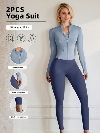 European Code Polyester Fabric Gym Running Clothes Long Sleeve Sports Jacket Cycling and Walking Tightening Buttocks Pants Fitness Suit