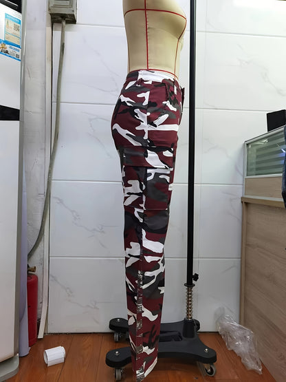 High Waist Straight Camouflage Cargo Jeans, Camo Print Medium Stretch Side Flap Pocket High Rise Denim Pants, Women's Denim Jeans & Clothing