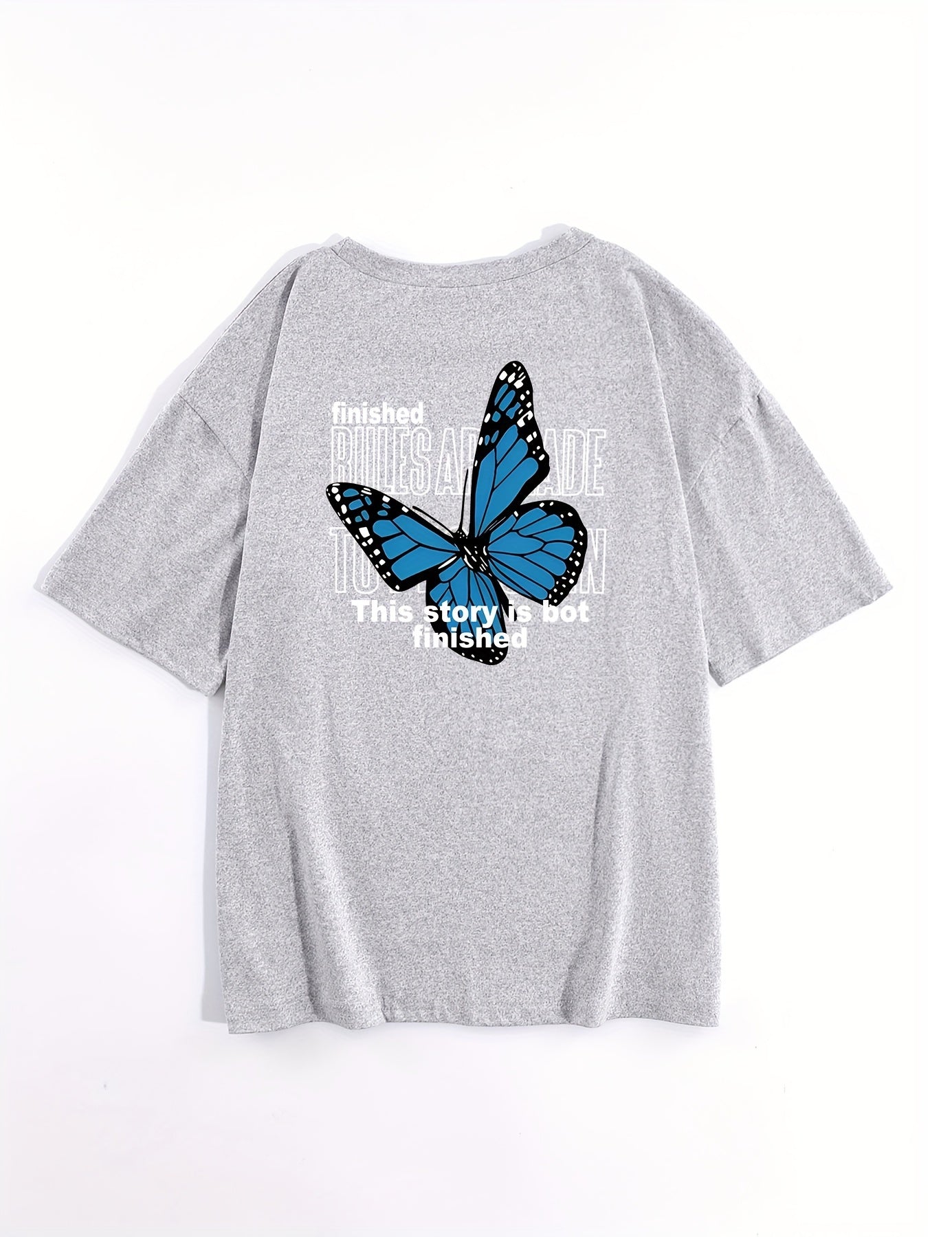 Butterfly Print Loose Sports Short Sleeves Top, Round Neck Running Casual T-shirt, Women's Activewear