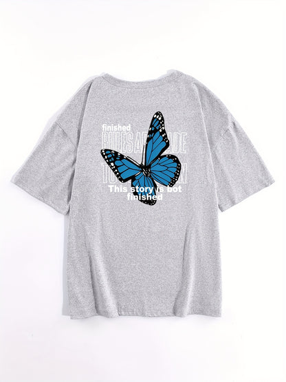 Butterfly Print Loose Sports Short Sleeves Top, Round Neck Running Casual T-shirt, Women's Activewear