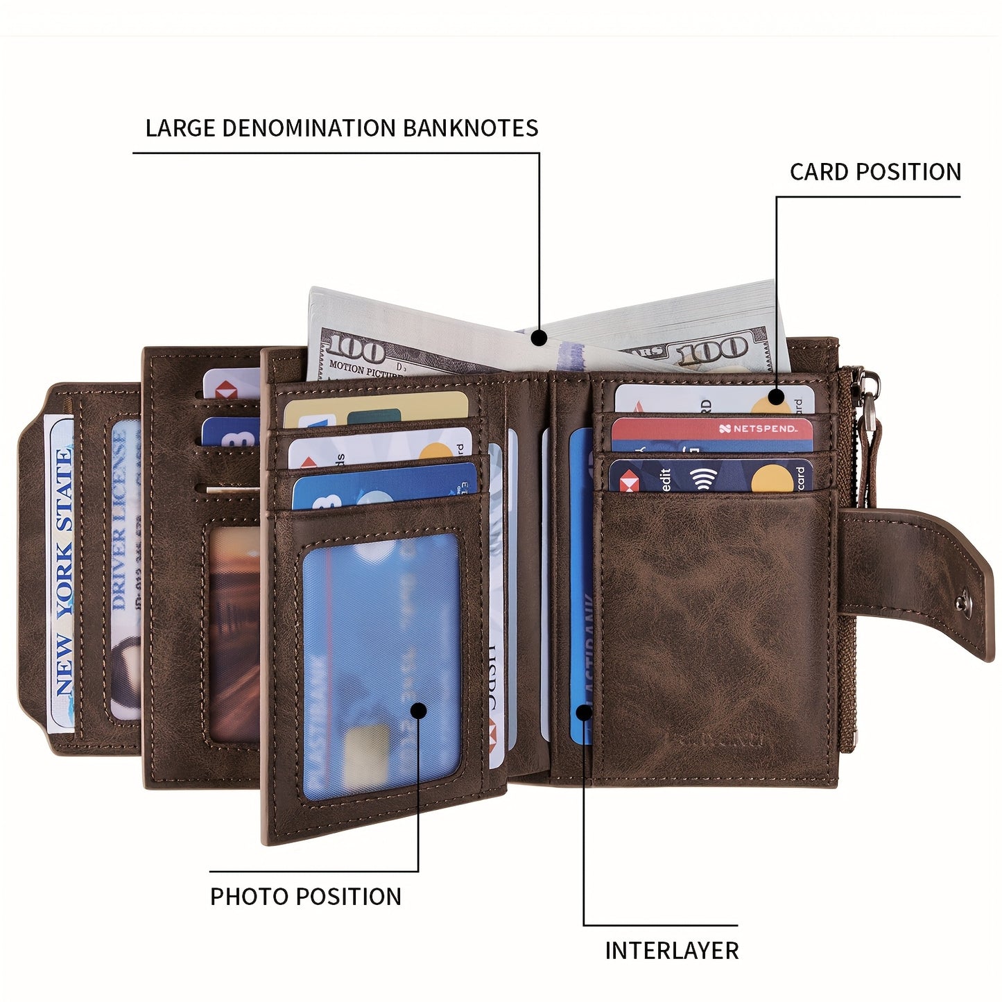 BANYANU Vintage Genuine Leather Wallet for Men - RFID Blocking, 17 Card Slots, Zippered Coin Pocket &amp; Independent Card Holder, Brown, Perfect Father'S Day Gift, Secure Card Storage | Vintage Wallet | Durable Zipper Closure, B