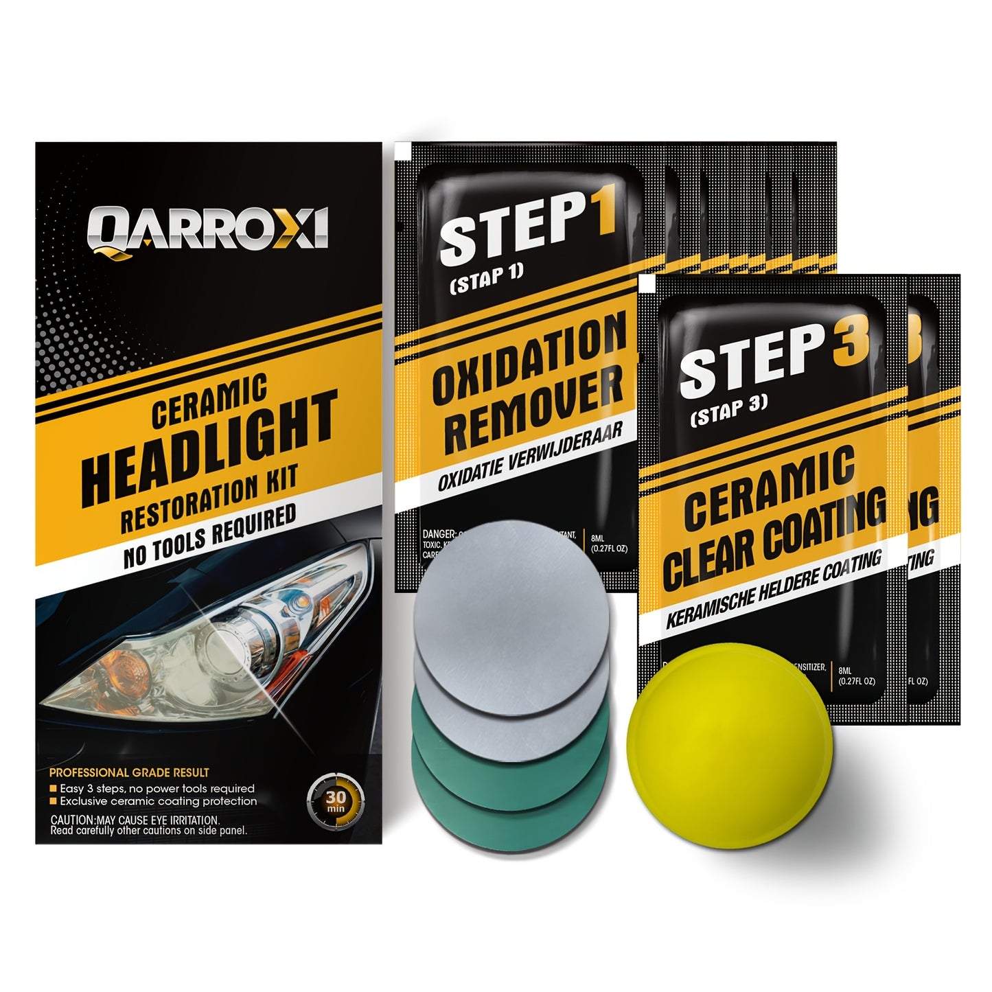 QARROXI Cefor ramic Headlight Restoration Kit, 3-Step DIY Headlight Renewal, UV Blocking Clear Coat, Enhanced Light Output & Beam Precision, Durable Fabric Material, with Compatible Multiple Models for Uncharged