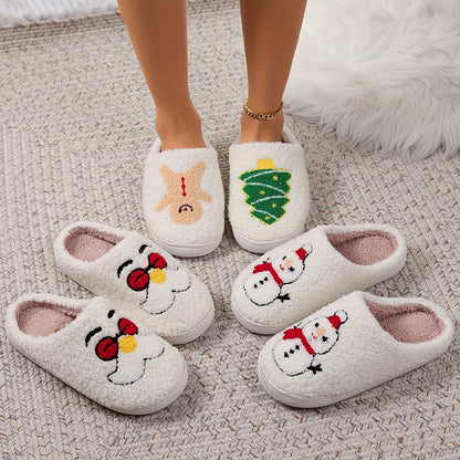 Pantufas felpudas com estampado de árvore de Natal, chinelos de inverno fechados e quentinhos para usar em casa, pantufas aconchegantes de sola macia e felpuda.