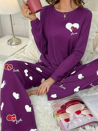Plus Size Casual Heart Print Round Neck Long Sleeve Pantsuit