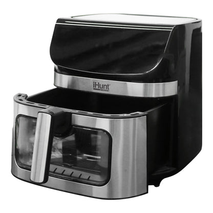 Air Fryer, Oil-Free, iHunt Bro Air Fryer Ultra, 9-Liter Capacity, Transparent Glass Drawer, Digital Display, 12 Cooking Functions, Adjustable Temperature, Defrost & Timer, Shake Reminder, 1800W, Black