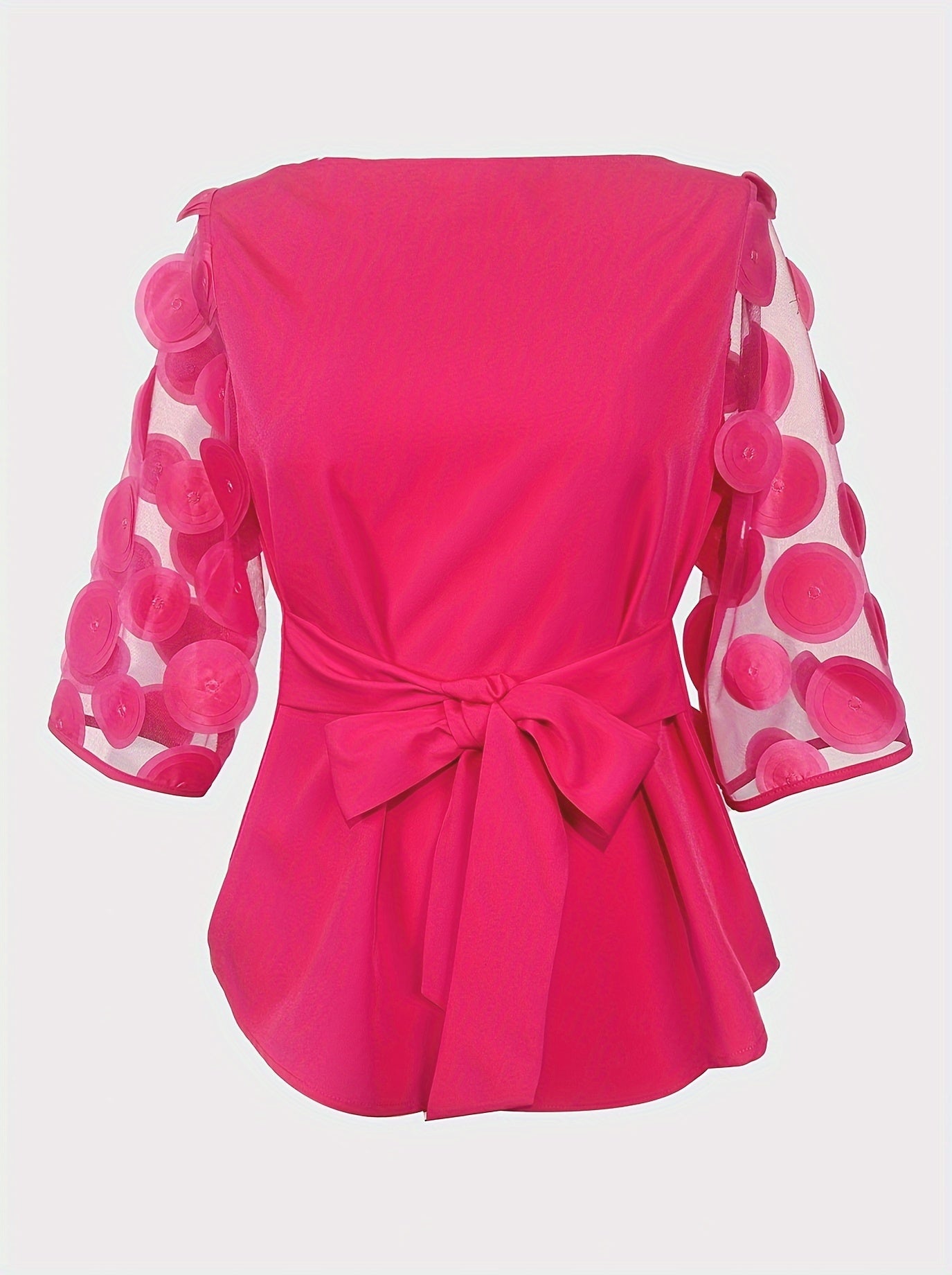 Elegant Off-Shoulder Blouse with Sheer Mesh Panel &amp; Tie-Waist Detail - Chic Solid Color, Half-Sleeve Design, Machine Washable - Perfect for Stylish Outfits