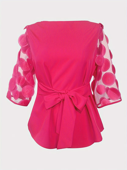 Elegant Off-Shoulder Blouse with Sheer Mesh Panel &amp; Tie-Waist Detail - Chic Solid Color, Half-Sleeve Design, Machine Washable - Perfect for Stylish Outfits