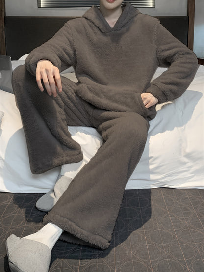 Men's Coral Velvet Pajamas Autumn and Winter Thickened Velvet Winter Hooded Flannel Warm Youth Pajama Set