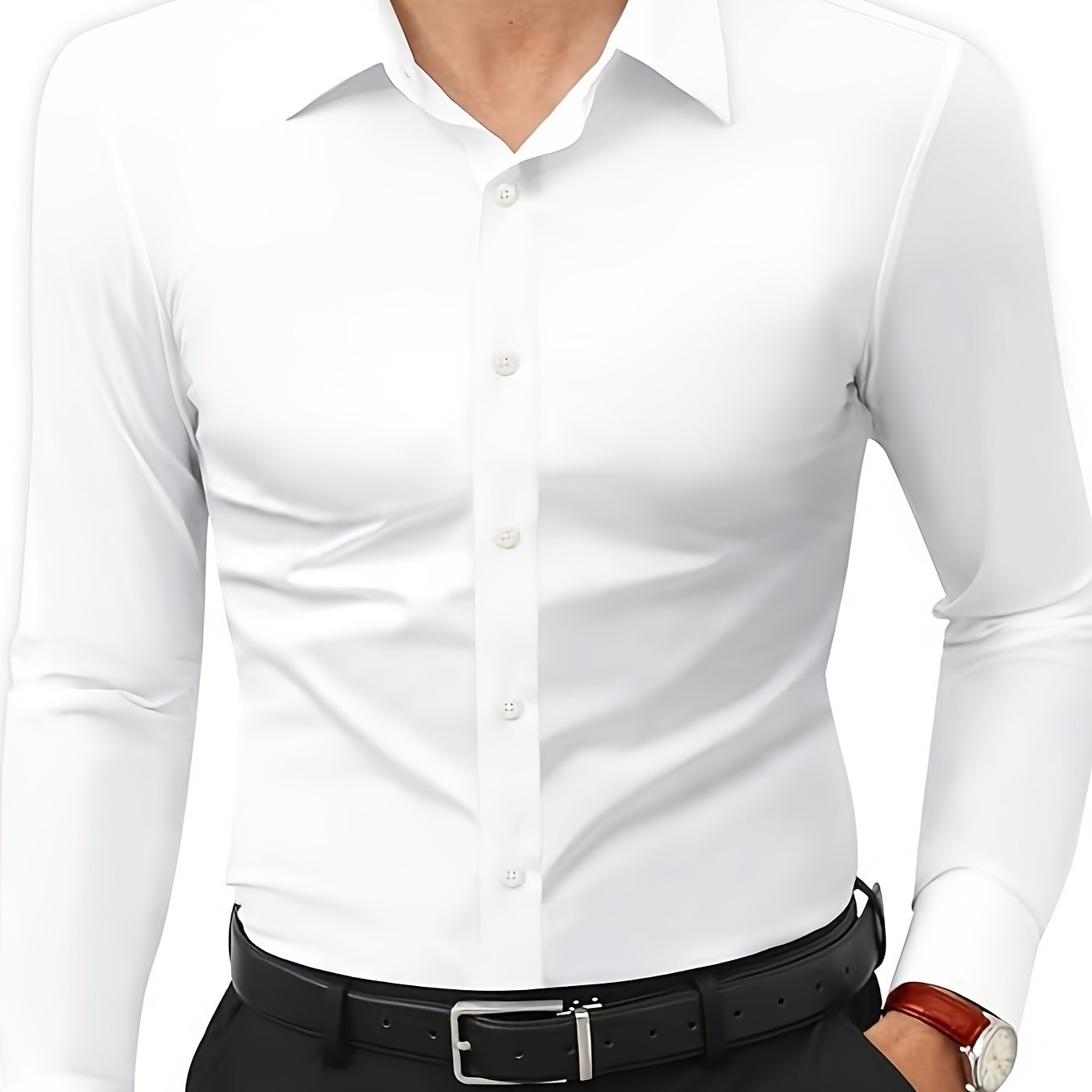 Camisola de homem de manga comprida com corte slim - 55% algodão, 40% poliéster, 5% elastano, cor lisa, para todas as estações, tecido plano, fecho com botões, gola de lapela, ideal para o fim de semana, 125 g/m²
