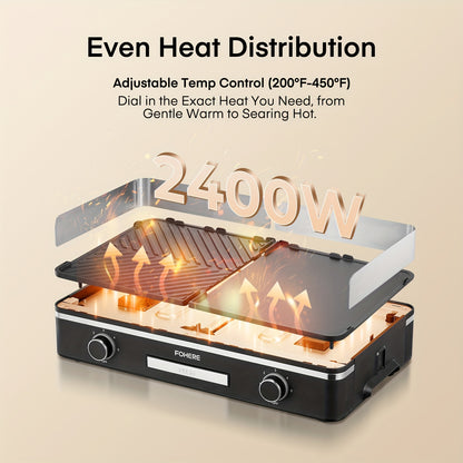 2400W Electric Indoor Grill Griddle with large 25x30cm nonstick plates, 2-part adjustable temperature control, pancake and egg maker, drip tray and indicator light - Portable stainless steel flat top grill for kitchen, camping, etc.