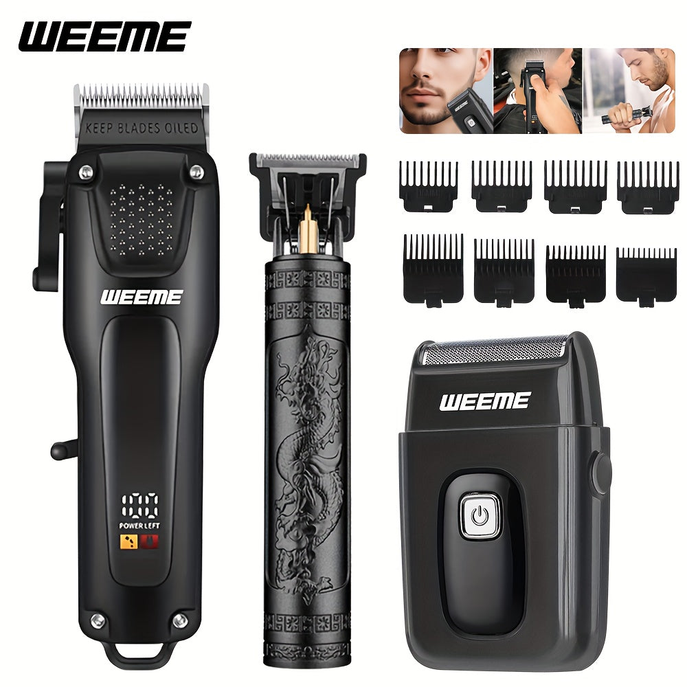 WEEME 3pcs Men's Grooming Kit - LCD Electric Clipper + Cordless Shaver + T-Blade Trimmer | USB-C Rechargeable w/Brushes & Care Accessories | Durable Hair/Facial Grooming Tools for Home & Travel