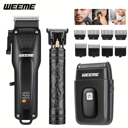WEEME 3pcs Men's Grooming Kit - LCD Electric Clipper + Cordless Shaver + T-Blade Trimmer | USB-C Rechargeable w/Brushes & Care Accessories | Durable Hair/Facial Grooming Tools for Home & Travel