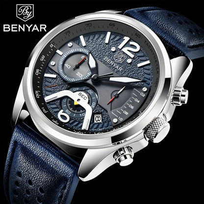 BENYAR Men's Quartz Chronograph Watch with Faux Leather Strap, 30m Waterproof, Fashionable Sport and Business Design, Elegant Gift for Men, Multifunctional, Calendar