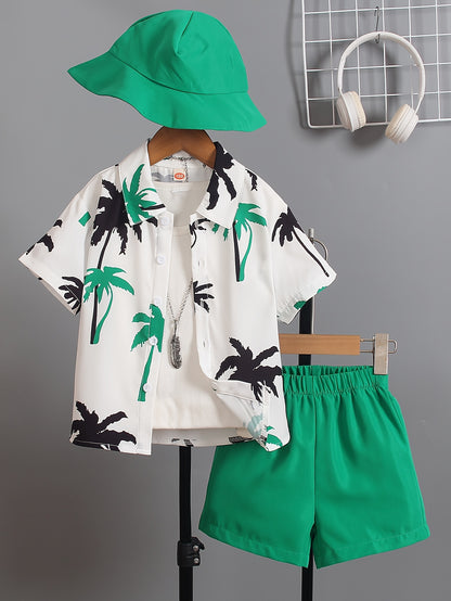 Boys' Summer Fashion Street Shirt Three-piece Set Only Selling Hats, Shirts and Shorts, Perfect for Outdoor