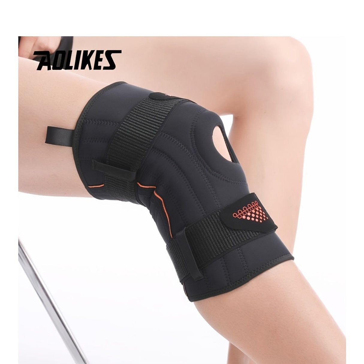 AOLIKES Unisex Spring-Loaded Knee Brace - Black with Orange Accents, Adjustable Straps & Breathable Design for Running, Sports, and Joint Support, Knee Brace for Running, Sports Knee Support, Sleek Knee Brace, Durable Knee Br