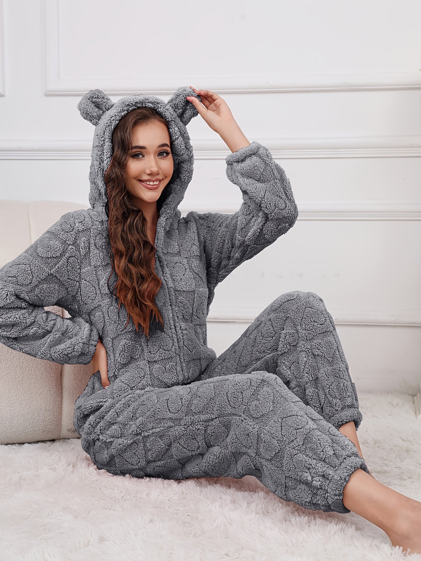 Women's Plush Fleece Hooded Jumpsuit - Cozy Mid-Length Zip-Up Romper with Heart Pattern, Harem Pants & Machine Washable for Autumn/Winter Clothing, Winter Apparel, Playful Bear Design, Soft Texture Apparel