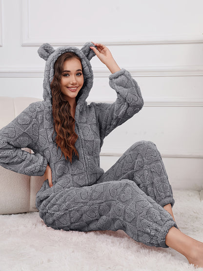 Women's Plush Fleece Hooded Jumpsuit - Cozy Mid-Length Zip-Up Romper with Heart Pattern, Harem Pants & Machine Washable for Autumn/Winter Clothing, Winter Apparel, Playful Bear Design, Soft Texture Apparel