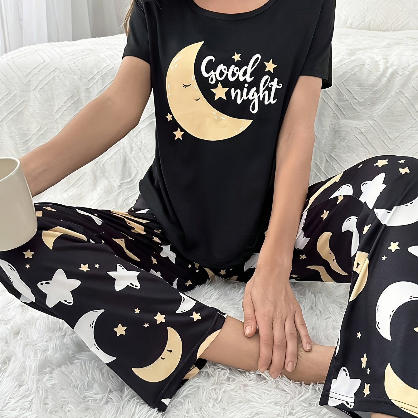 Women'S Casual "Good Night" Moon & Stars Print Pajama Set - Short Sleeve Top & Long Pants, Soft Crew Neck, Lightweight Spring/Summer Sleepwear, Perfect for Home or Outdoor, Relaxed Fit, Casual Wear|Playful Print|Lightweight F