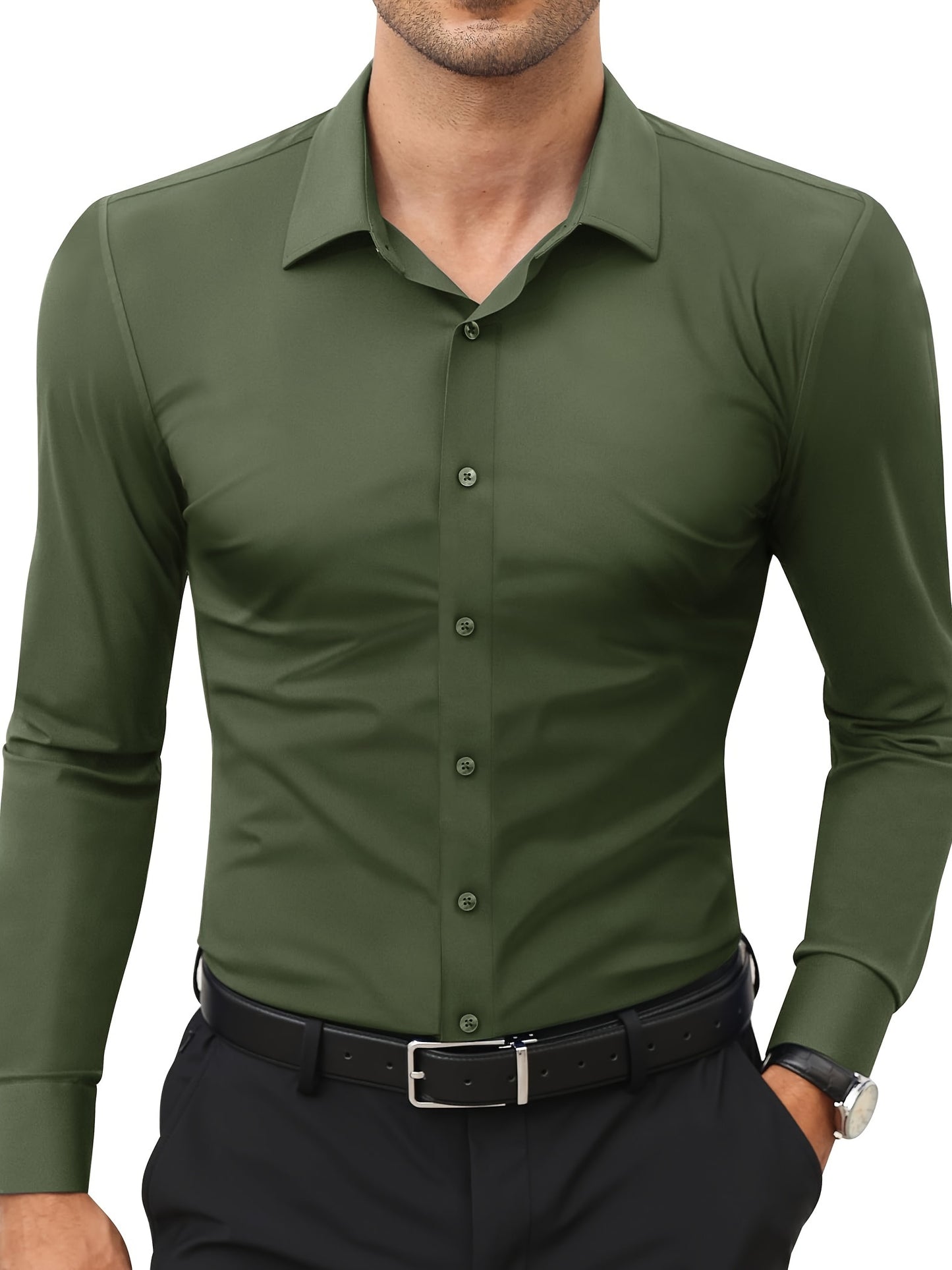 Camisola de homem de manga comprida com corte slim - 55% algodão, 40% poliéster, 5% elastano, cor lisa, para todas as estações, tecido plano, fecho com botões, gola de lapela, ideal para o fim de semana, 125 g/m²