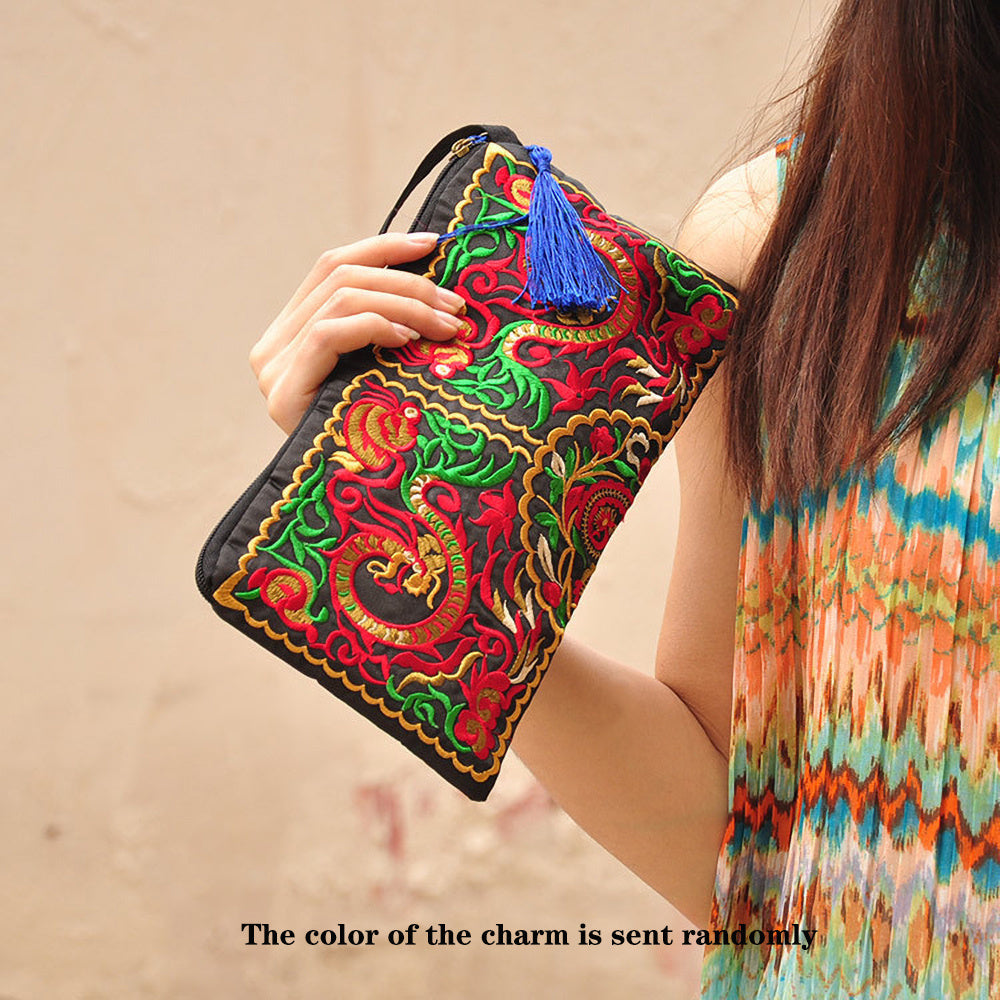 Retro Style Square Purse, Ethnic Style Phone Clutches, Floral Embroidery Handbag With Wristlet