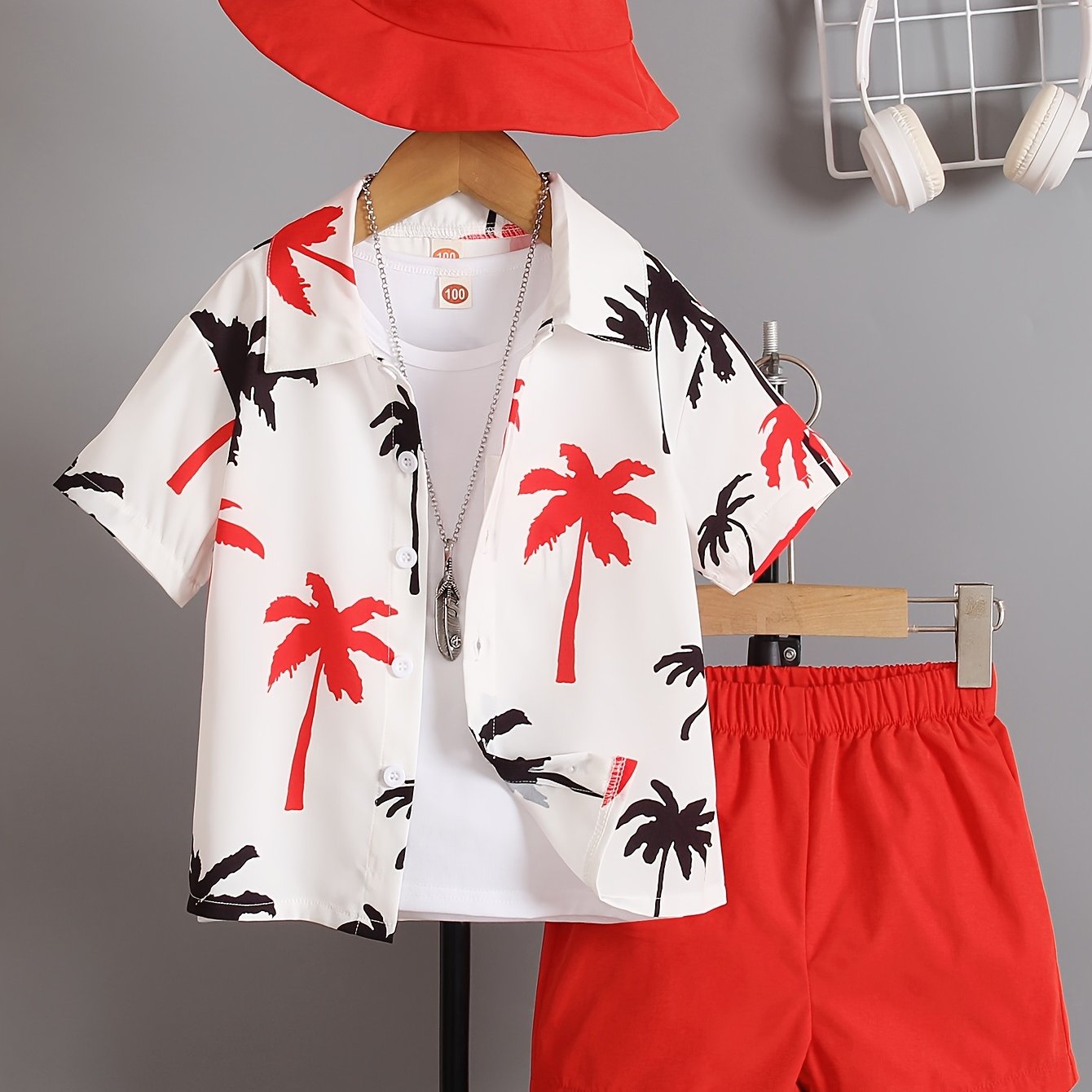 Boys' Summer Fashion Street Shirt Three-piece Set Only Selling Hats, Shirts and Shorts, Perfect for Outdoor