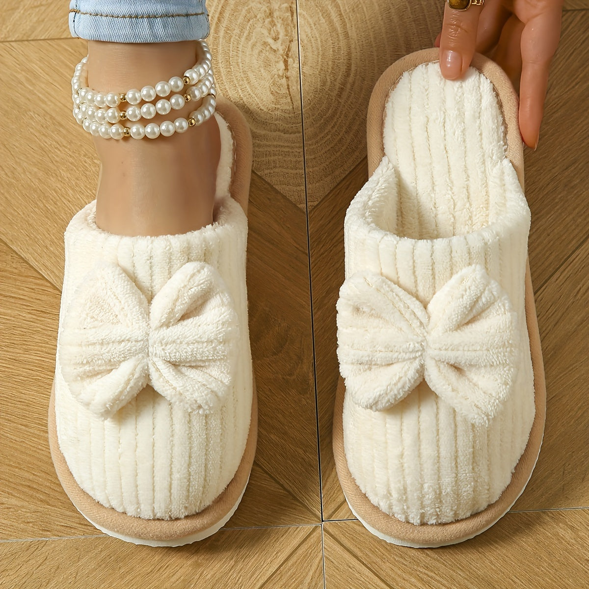 Cute Bowknot Soft Sole Fuzzy Slippers, Winter Cozy &amp; Warm Slip On Plush Shoes, Comfy Closed Toe Home Slippers