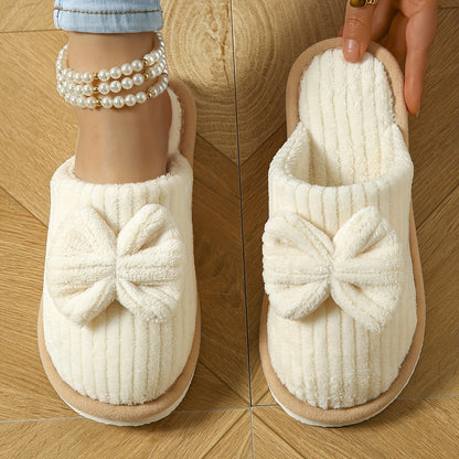 Cute Bowknot Soft Sole Fuzzy Slippers, Winter Cozy &amp; Warm Slip On Plush Shoes, Comfy Closed Toe Home Slippers