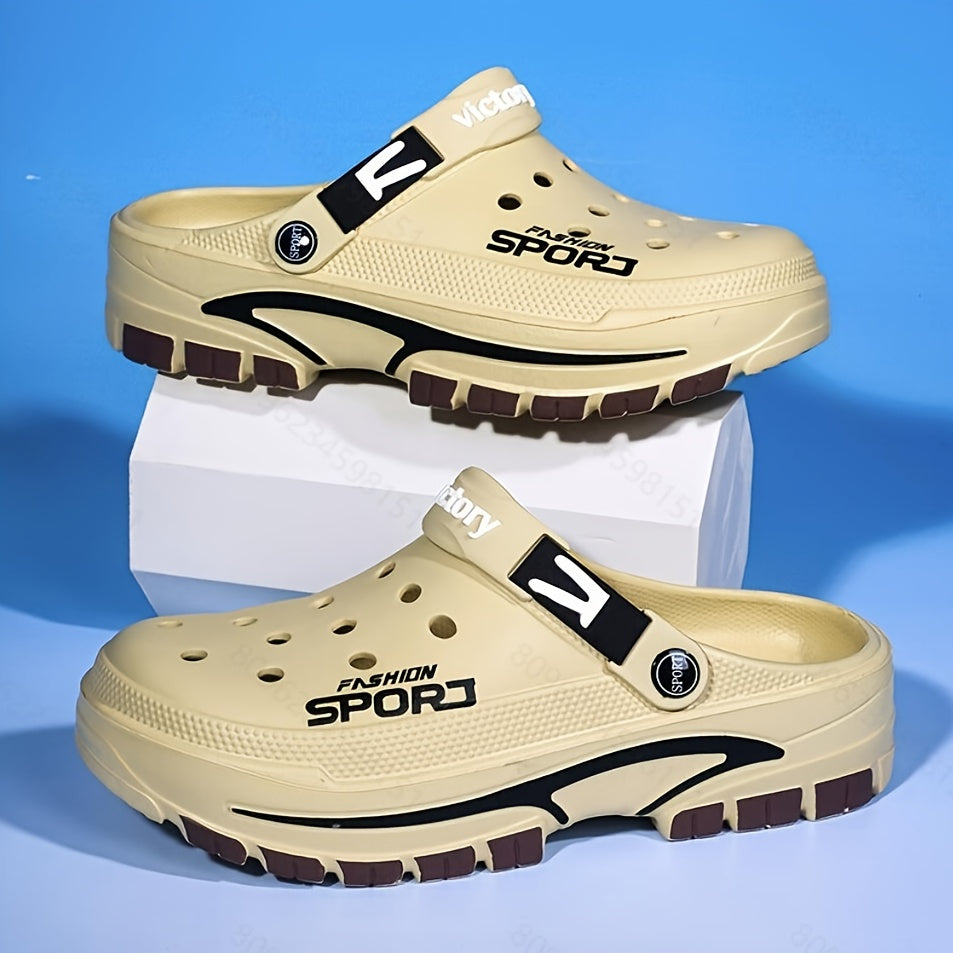 2025 Summer Men's Lightweight Breathable Slip-On Clogs - Durable EVA Beach Shoes with Ventilation Holes, Black &amp; Orange Design for Casual Attire, Summer Footwear | Fashionable Slip-On Sneakers | Lightweight Footwear