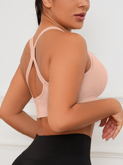 2pcs Stretchy Solid Racer Back Sports Bra, Comfy & Breathable Push Up Fitness Bra, Women's Lingerie & Underwear