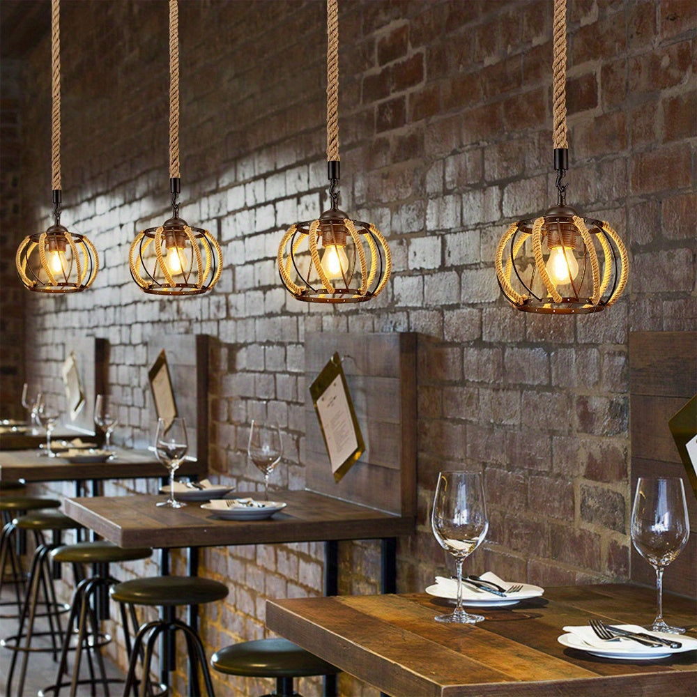 1pc Hemp Rope Chandelier, Industrial Black Metal Cage Shade Hemp Rope Hanging Lamp, Adjustable E26 Chandelier Lighting Kit For Cafe Kitchen Living Room Warehouse Bar (Not Include Bulb)