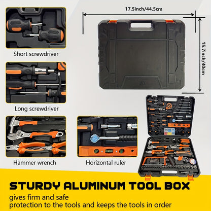 157pcs Tool Kit - Portable Mechanical Set with Adjustable Wrench, Drive Socket Combination, Saw, Chrome Vanadium Steel, Black, Durable Plastic Toolbox, No Assembly Required, Non-Electric, Battery-Free, for Home, Apartment, Ga