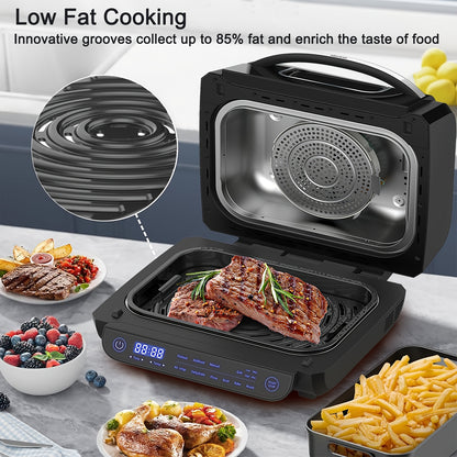 8-in-1 Grill Hot Air Fryer, 6L Capacity Airfryer, Electric Grill with Touch Control, 120-Minute Timer, 1700W, Black