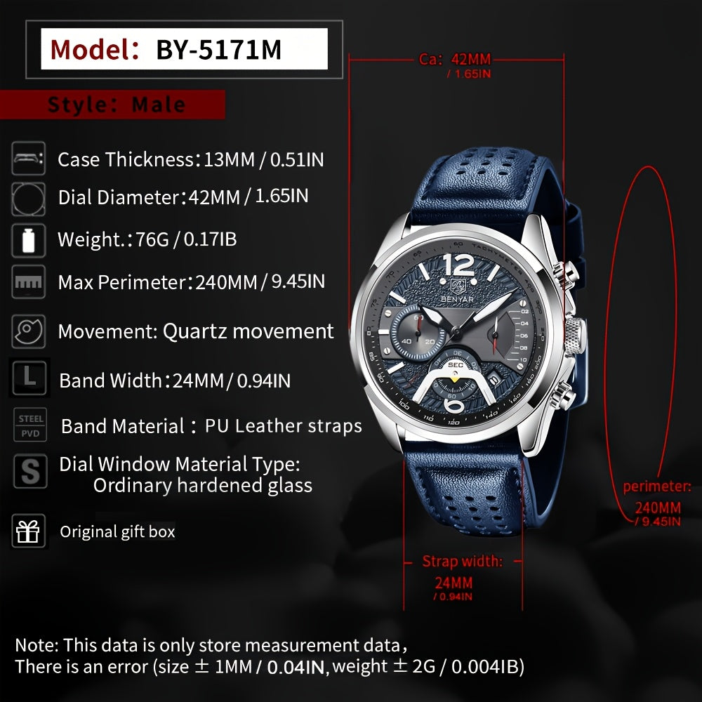 BENYAR Men's Quartz Chronograph Watch with Faux Leather Strap, 30m Waterproof, Fashionable Sport and Business Design, Elegant Gift for Men, Multifunctional, Calendar