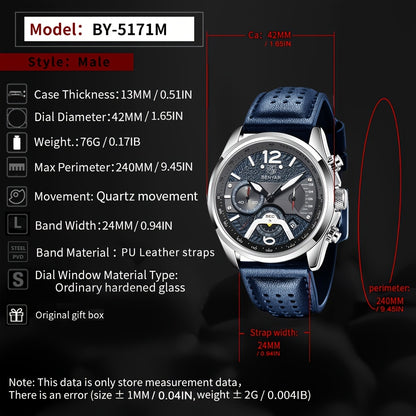 BENYAR Men's Quartz Chronograph Watch with Faux Leather Strap, 30m Waterproof, Fashionable Sport and Business Design, Elegant Gift for Men, Multifunctional, Calendar