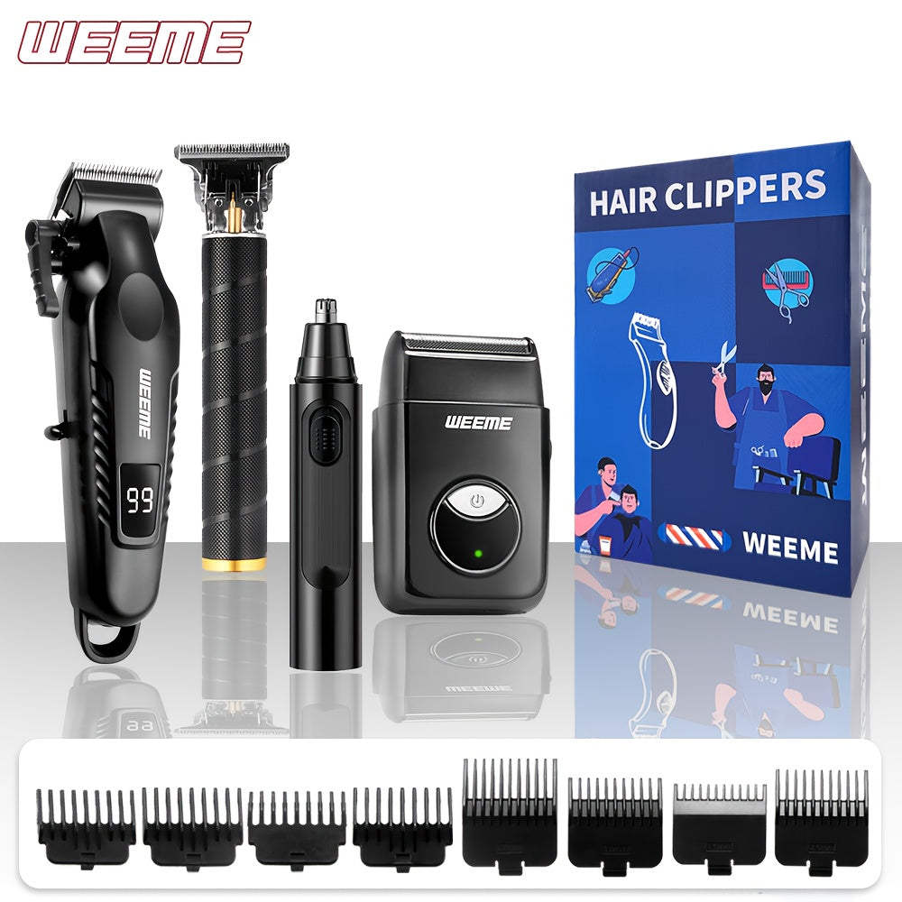 WEEME 4pcs Men's facial grooming set, household electric hair clipper set USB fast-charging electric hair clipper + T-trimmer + razor + nose hair clipper Haircutting, shaving, nose hair t* Car travel home Father's Day/Birthda