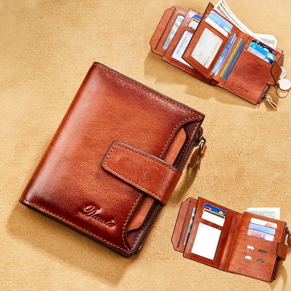 Vintage Men's Top Layer Cowhide Wallet RFID Anti-theft Card Holder Large Capacity 18 Card Slots Zipper Wallet Can Hold Coins Mobile Card Holder Can Hold Driver's License, 2 Large Banknote Slots