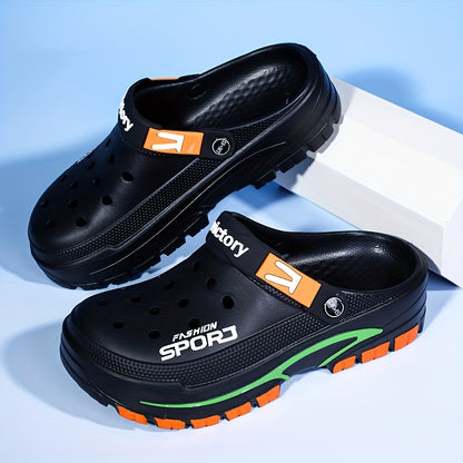 2025 Summer Men's Lightweight Breathable Slip-On Clogs - Durable EVA Beach Shoes with Ventilation Holes, Black &amp; Orange Design for Casual Attire, Summer Footwear | Fashionable Slip-On Sneakers | Lightweight Footwear