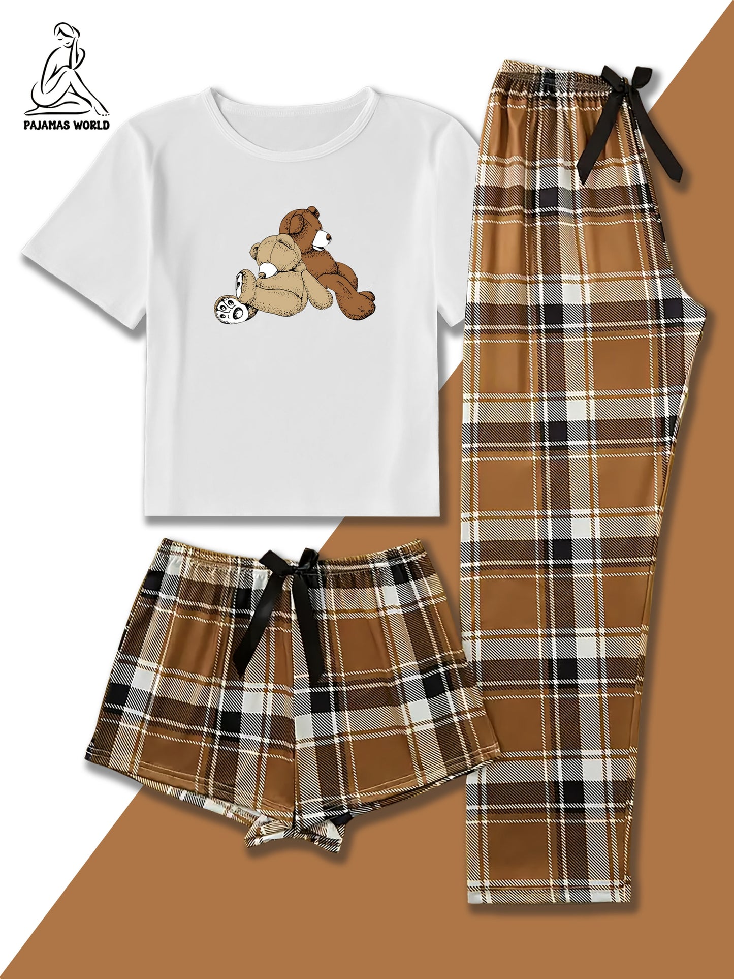 Conjunto de pijama casual para mulher com estampado de urso e xadrez - Blusa de manga curta macia e larga com cintura elástica, calças compridas e calções, roupa de dormir aconchegante para o outono/inverno
