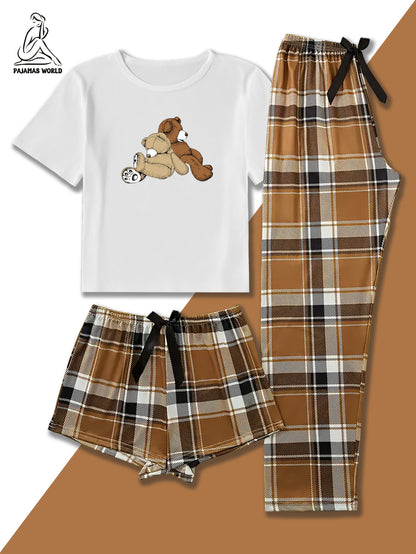 Conjunto de pijama casual para mulher com estampado de urso e xadrez - Blusa de manga curta macia e larga com cintura elástica, calças compridas e calções, roupa de dormir aconchegante para o outono/inverno