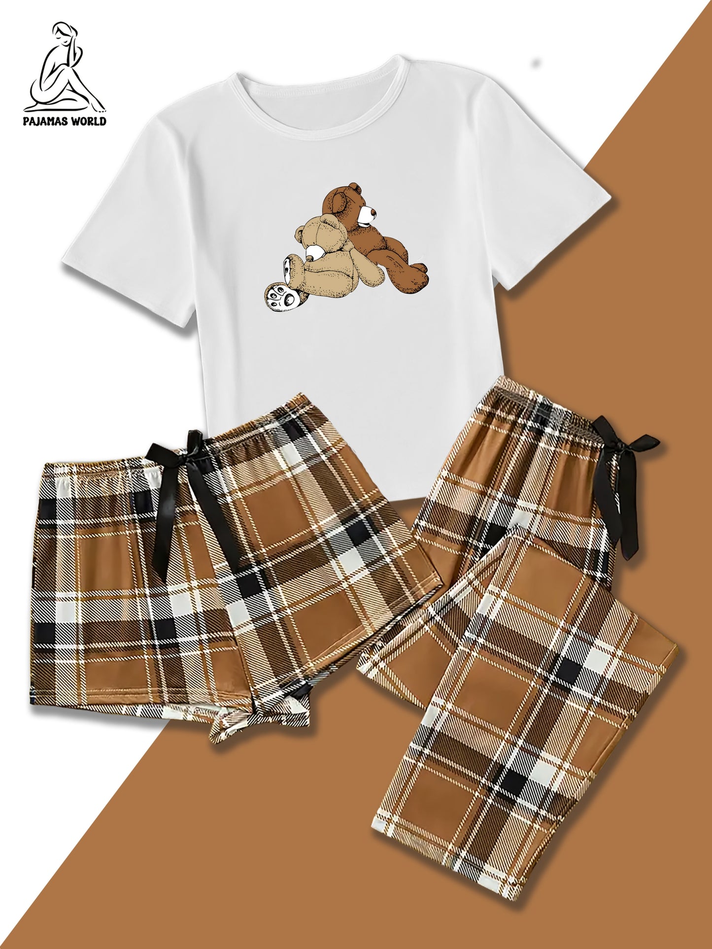 Conjunto de pijama casual para mulher com estampado de urso e xadrez - Blusa de manga curta macia e larga com cintura elástica, calças compridas e calções, roupa de dormir aconchegante para o outono/inverno