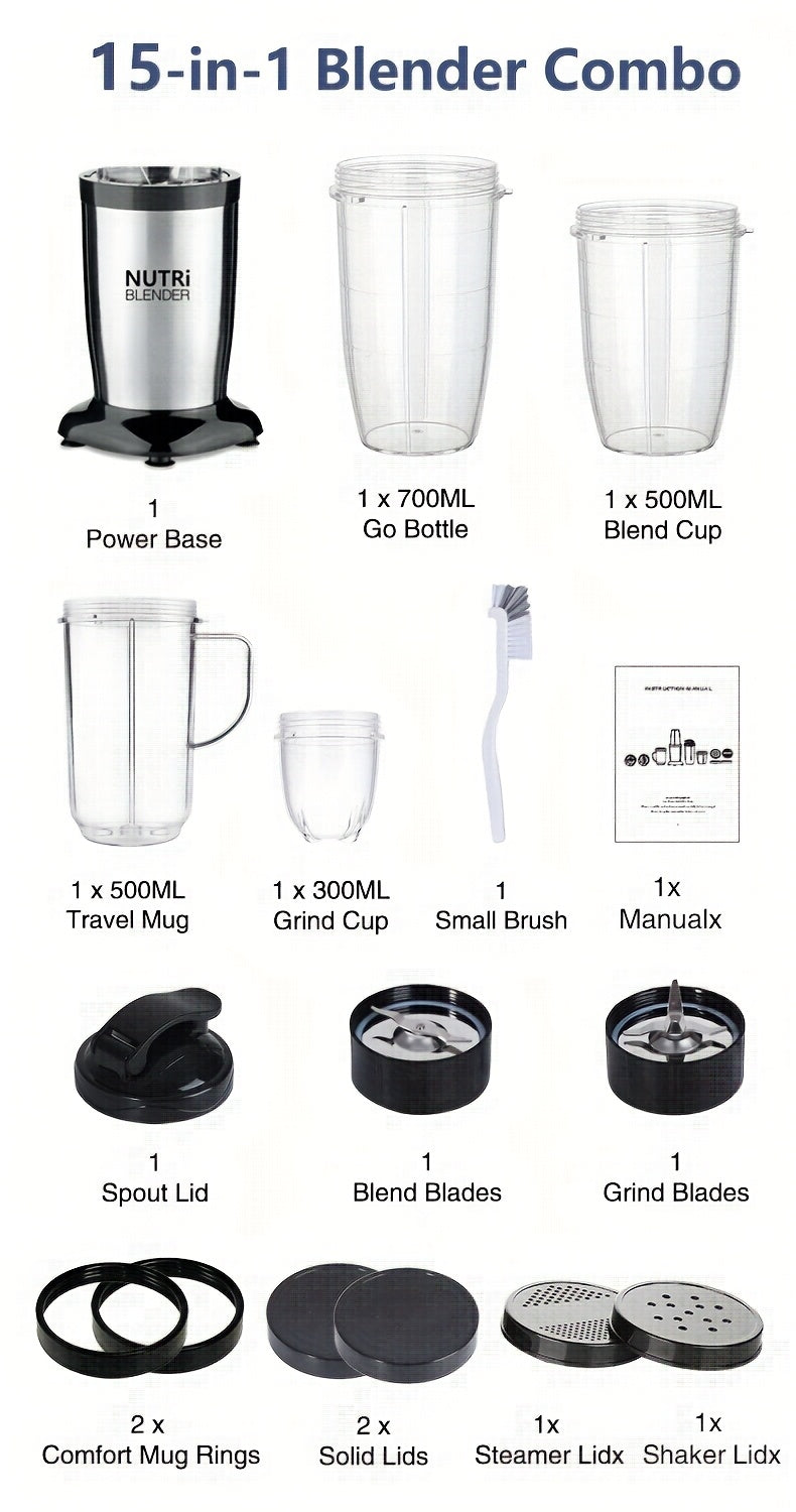 Liquidificador para Smoothies, Batidos e Smoothies, Conjunto de 15 Peças para Cozinha Pessoal com Moedor, Liquidificador Único para Preparar Sumos, Papinhas e Receitas Nutritivas com Escova de Limpeza