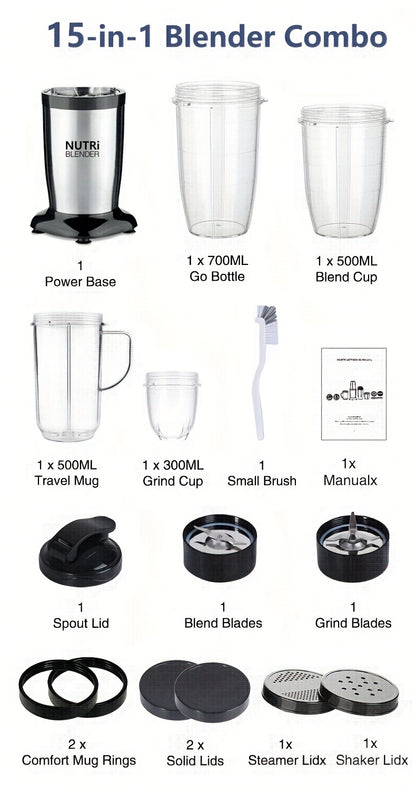 Liquidificador para Smoothies, Batidos e Smoothies, Conjunto de 15 Peças para Cozinha Pessoal com Moedor, Liquidificador Único para Preparar Sumos, Papinhas e Receitas Nutritivas com Escova de Limpeza