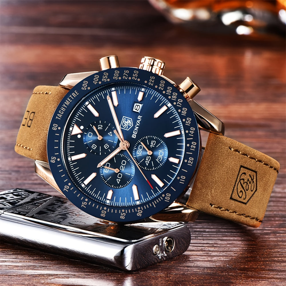 BY BENYAR Men'S Quartz Chronograph Watch - Luminous, Stainless Steel, Blue Dial with Date & Stopwatch, Faux Leather Strap, Elegant Business & Casual Style, Perfect Gift for Men, Professional Chronograph | Sleek Watch Design |