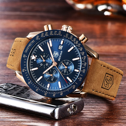 BY BENYAR Men'S Quartz Chronograph Watch - Luminous, Stainless Steel, Blue Dial with Date & Stopwatch, Faux Leather Strap, Elegant Business & Casual Style, Perfect Gift for Men, Professional Chronograph | Sleek Watch Design |
