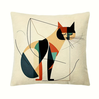 4-Pack Woven Linen Throw Pillow Covers, Abstract Kandinsky Cat Design, Industrial Style Zippered Cushion Cases for Sofa, Bedroom, Car, Office Decor - Machine Washable