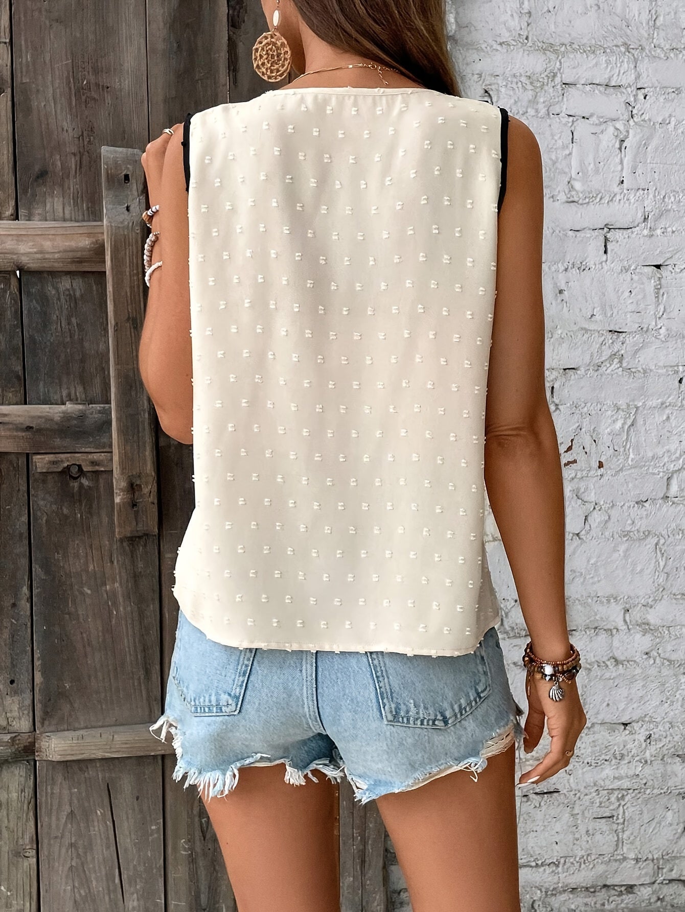 Contrast Trim Swiss Dot Blouse, Casual Sleeveless Asymmetrical Neck Button Decor Blouse For Summer, Women's Clothing